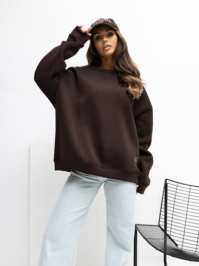 RUE PARIS Czekoladowa dresowa bluza basic z ociepleniem