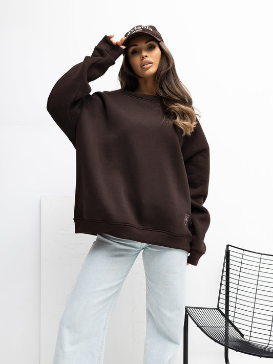 RUE PARIS Czekoladowa dresowa bluza basic z ociepleniem