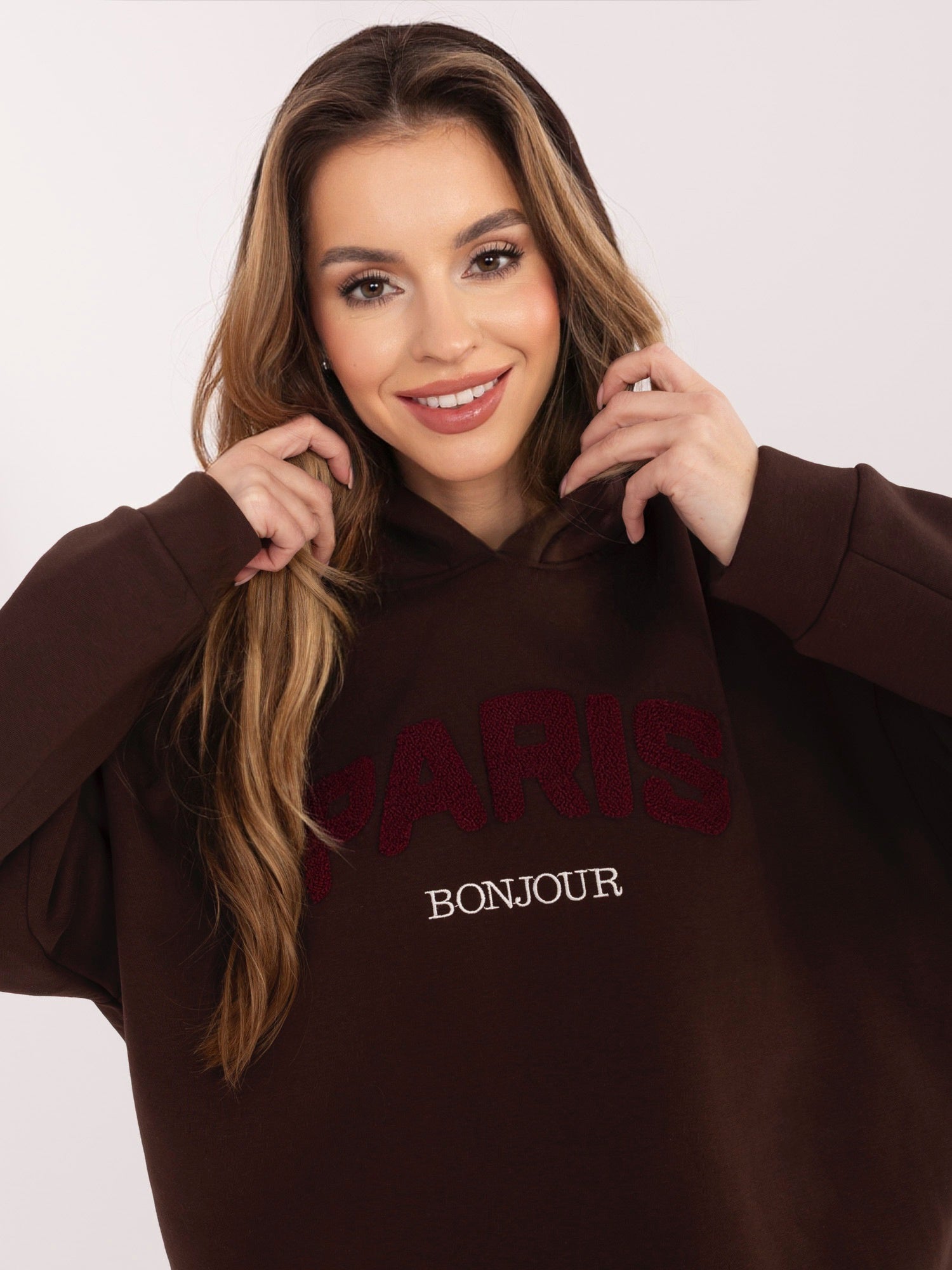 RUE PARIS Czekoladowo-bordowa dresowa bluza z kapturem