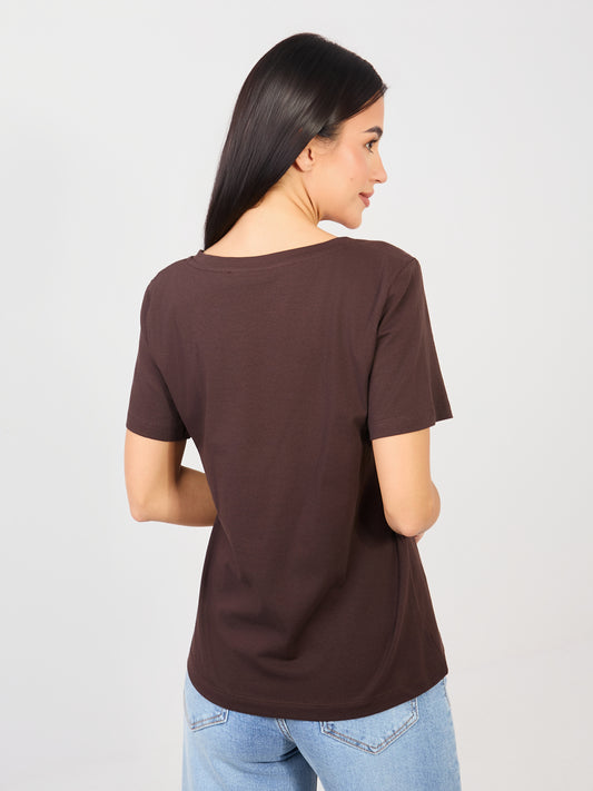 Czekoladowy t-shirt basic o klasycznym kroju RUE PARIS