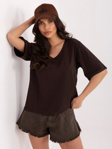 RUE PARIS  Czekoladowy damski t-shirt oversize z bawełny