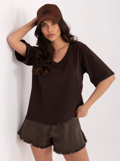 RUE PARIS  Czekoladowy damski t-shirt oversize z bawełny