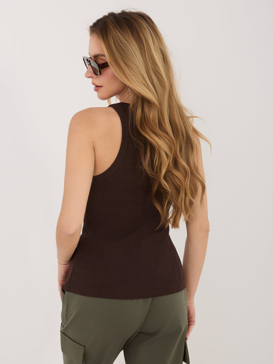 RUE PARIS Czekoladowy prążkowany top basic z bawełny