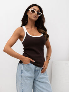 RUE PARIS Czekoladowy tank top z okrągłym dekoltem
