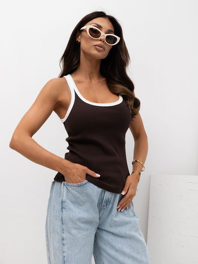 RUE PARIS Czekoladowy tank top z okrągłym dekoltem