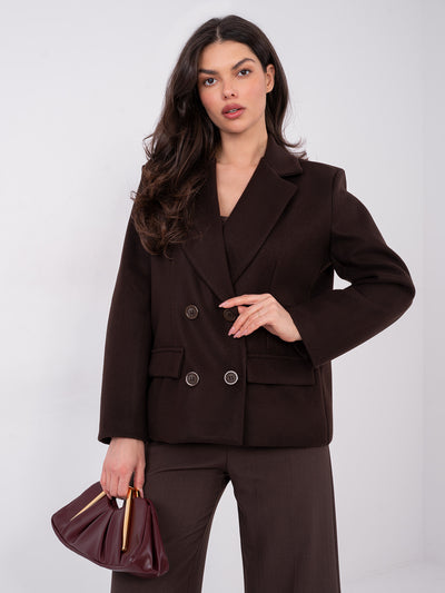 RUE PARIS Czekoladowy dwurzędowy płaszcz z podszewką