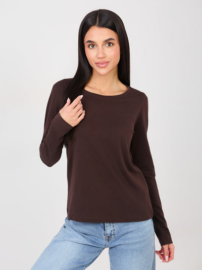 RUE PARIS Czekoladowy damski longsleeve basic z bawełny