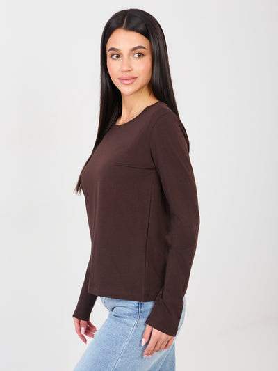 RUE PARIS Czekoladowy damski longsleeve basic z bawełny
