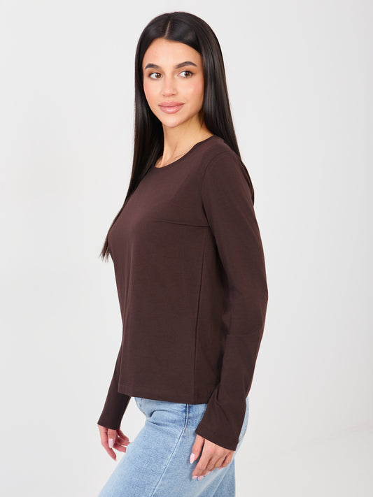RUE PARIS Czekoladowy damski longsleeve basic z bawełny