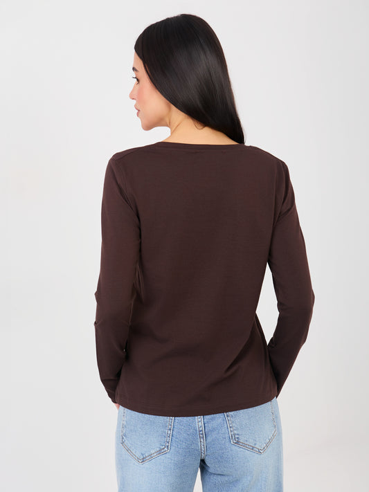RUE PARIS Czekoladowy damski longsleeve basic z bawełny