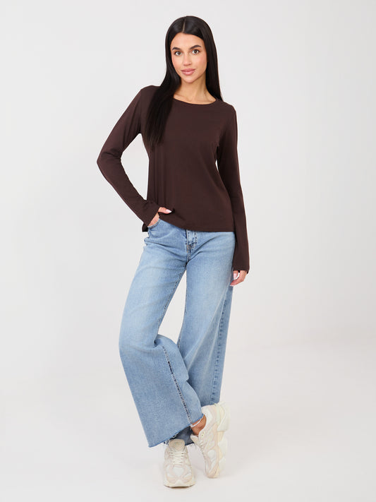 RUE PARIS Czekoladowy damski longsleeve basic z bawełny
