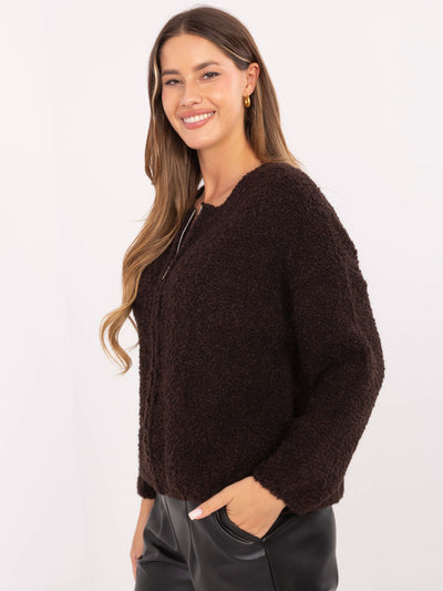RUE PARIS Czekoladowy sweter boucle z suwakiem