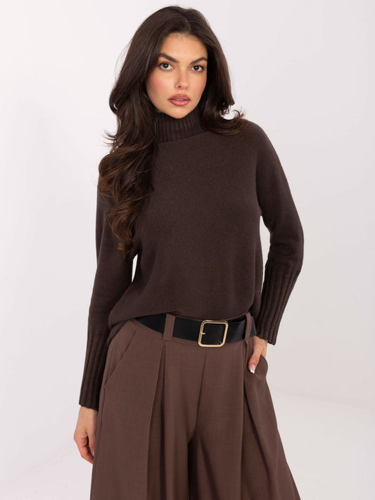 RUE PARIS Czekoladowy sweter golf ze ściągaczami