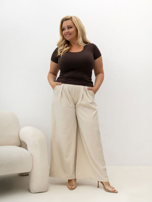 RUE PARIS Czekoladowy t-shirt plus size z bawełny