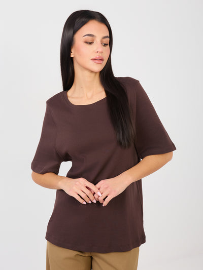 RUE PARIS Czekoladowy t-shirt basic z okrągłym dekoltem
