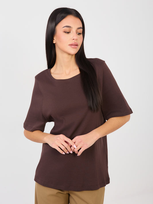 RUE PARIS Czekoladowy t-shirt basic z okrągłym dekoltem