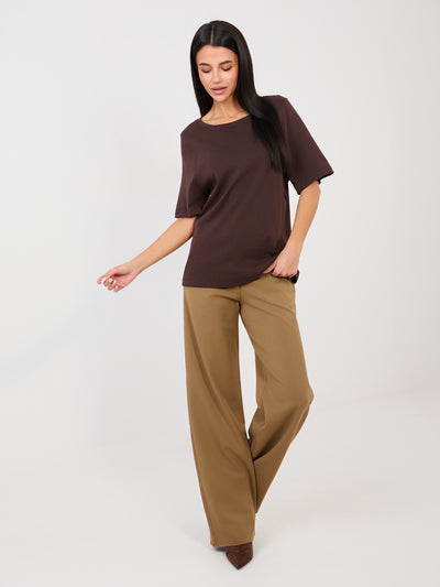 RUE PARIS Czekoladowy t-shirt basic z okrągłym dekoltem