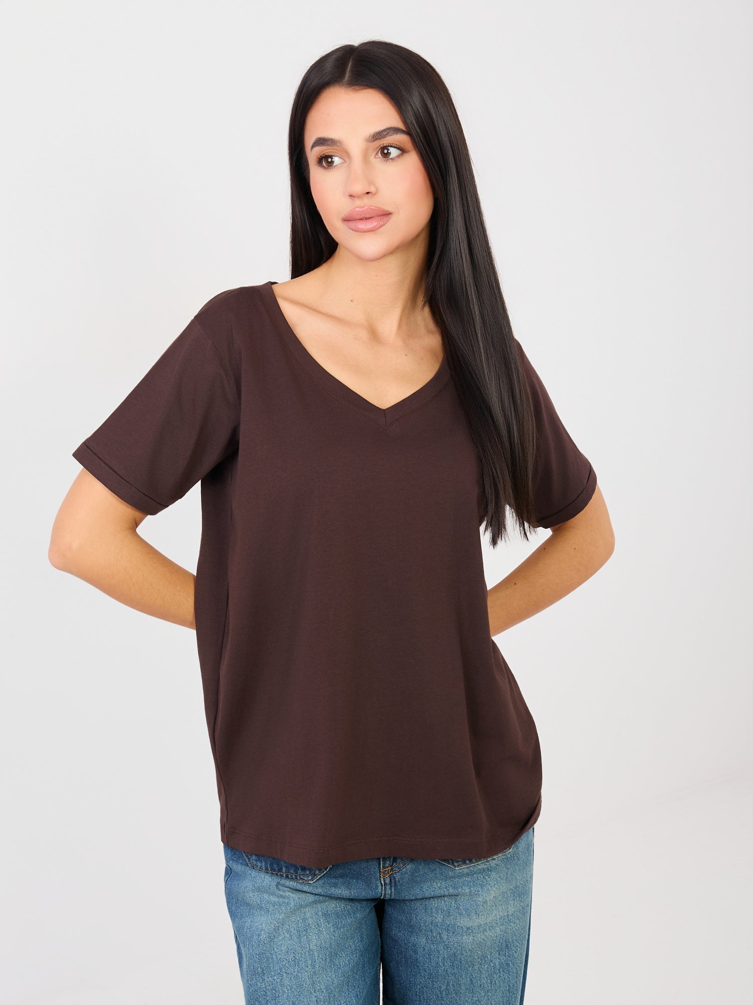 RUE PARIS Czekoladowy t-shirt basic z bawełny