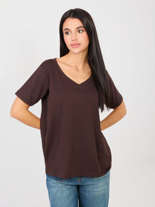 RUE PARIS Czekoladowy t-shirt basic z bawełny