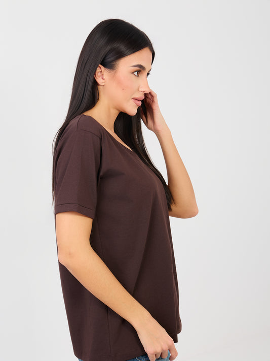 RUE PARIS Czekoladowy t-shirt basic z bawełny