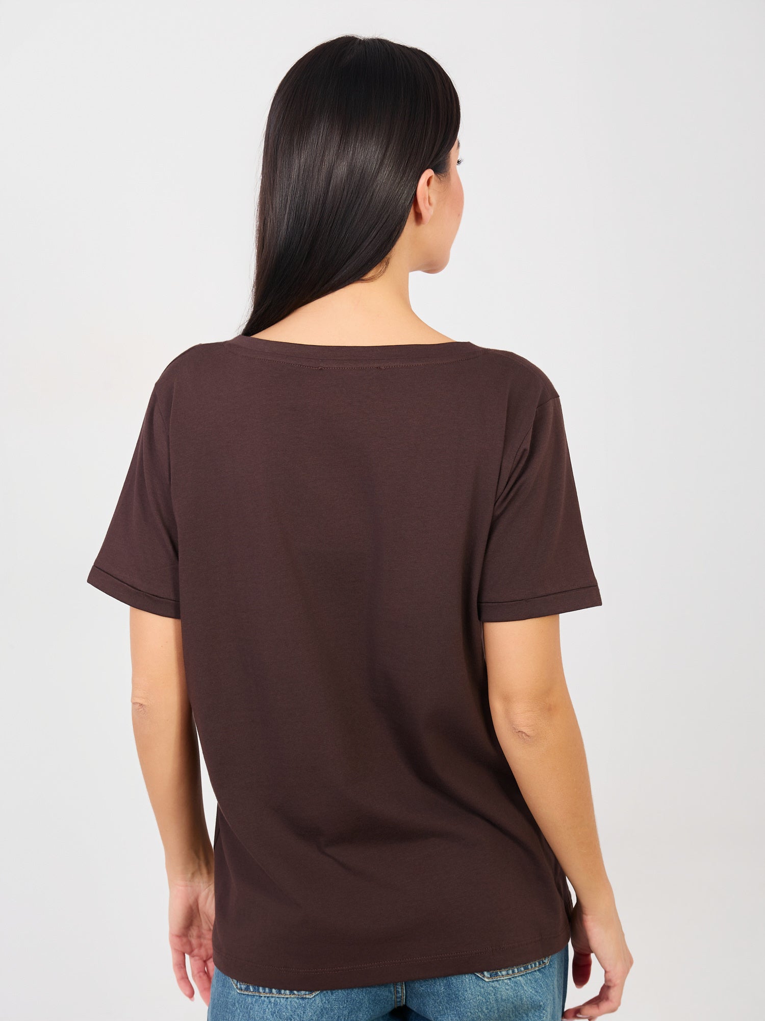 RUE PARIS Czekoladowy t-shirt basic z bawełny