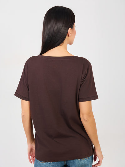 RUE PARIS Czekoladowy t-shirt basic z bawełny