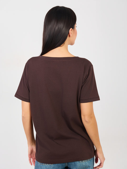 RUE PARIS Czekoladowy t-shirt basic z bawełny