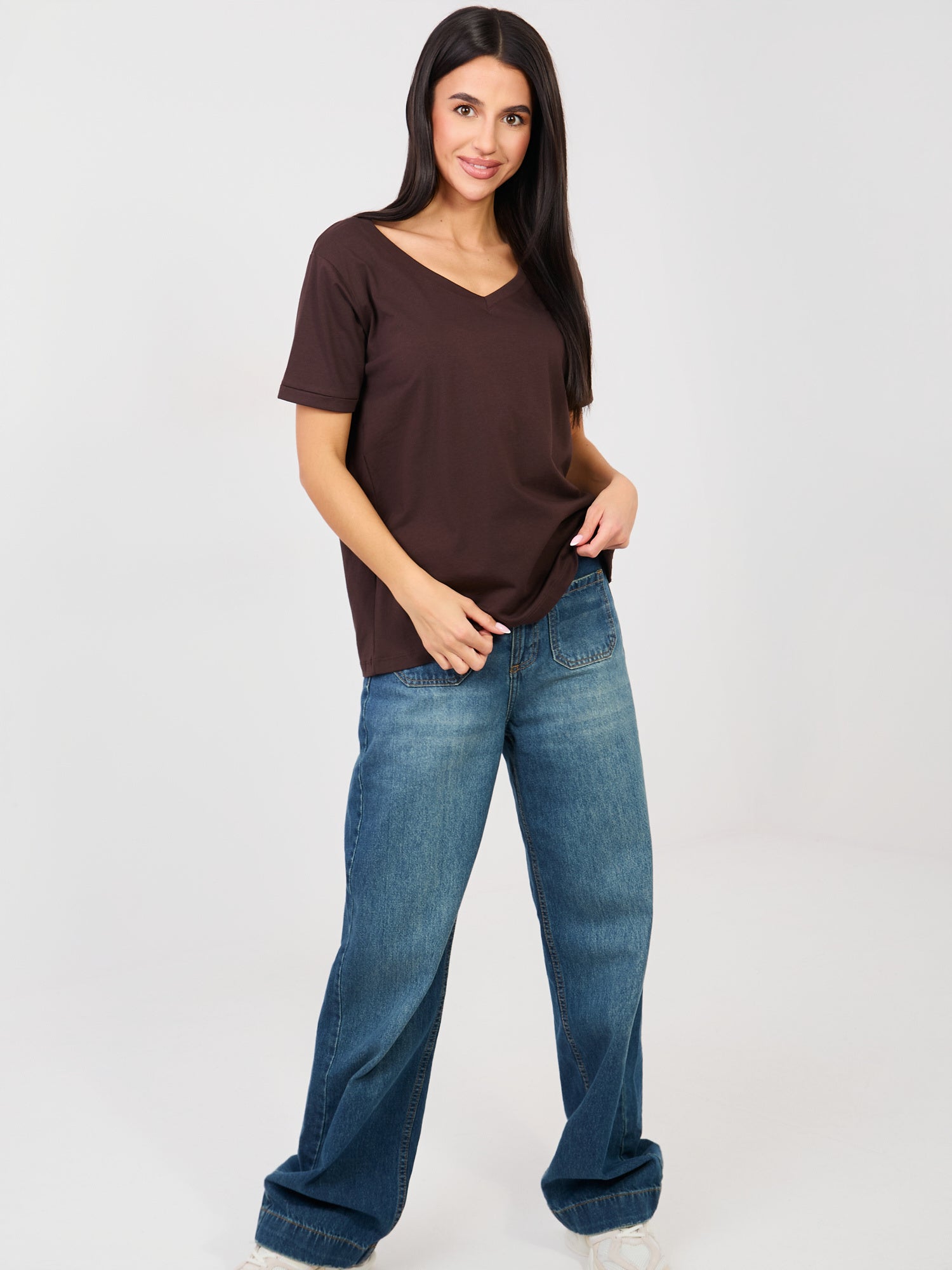 RUE PARIS Czekoladowy t-shirt basic z bawełny