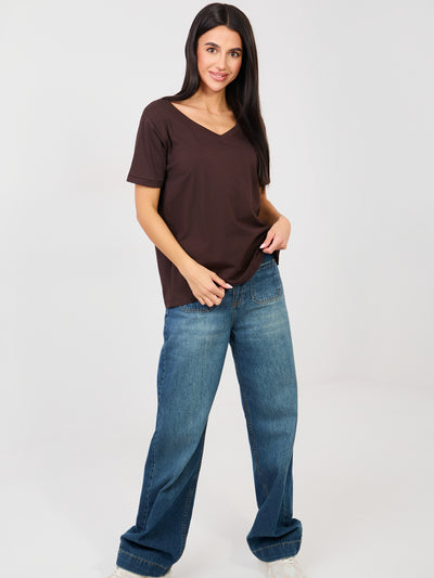 RUE PARIS Czekoladowy t-shirt basic z bawełny