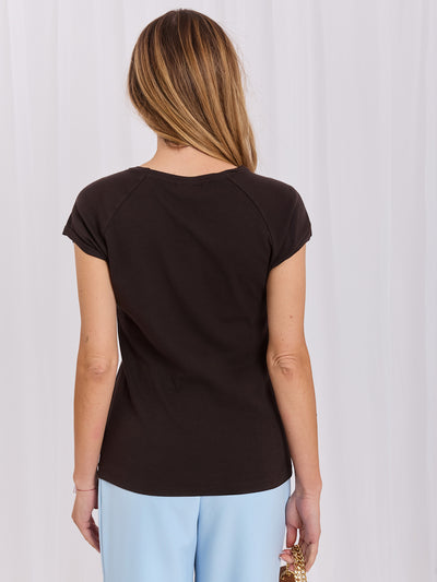 RUE PARIS Czekoladowy t-shirt basic z okrągłym dekoltem