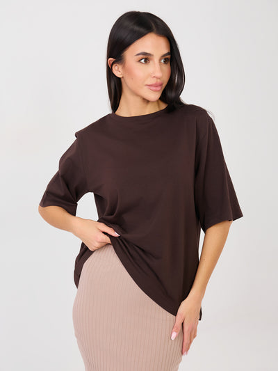 RUE PARIS Czekoladowy t-shirt basic z bawełny