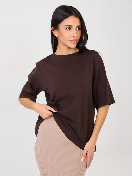 RUE PARIS Czekoladowy t-shirt basic z bawełny