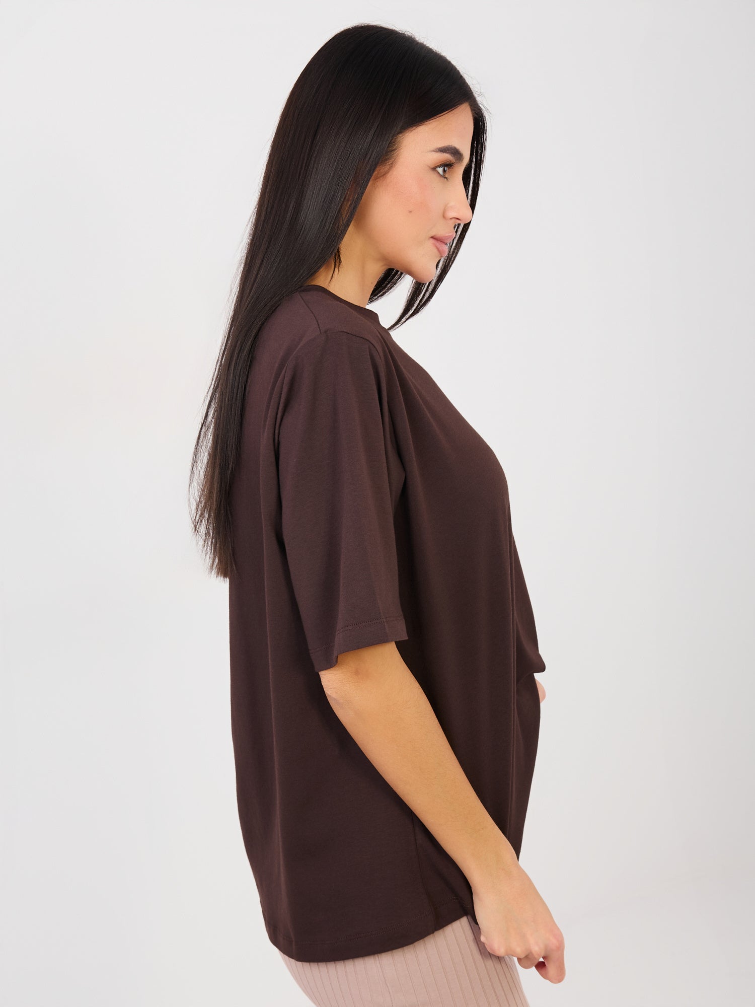 RUE PARIS Czekoladowy t-shirt basic z bawełny