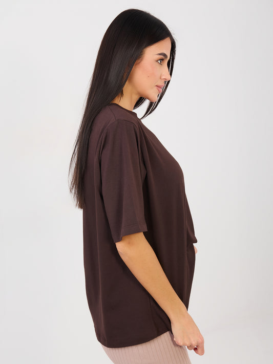 RUE PARIS Czekoladowy t-shirt basic z bawełny
