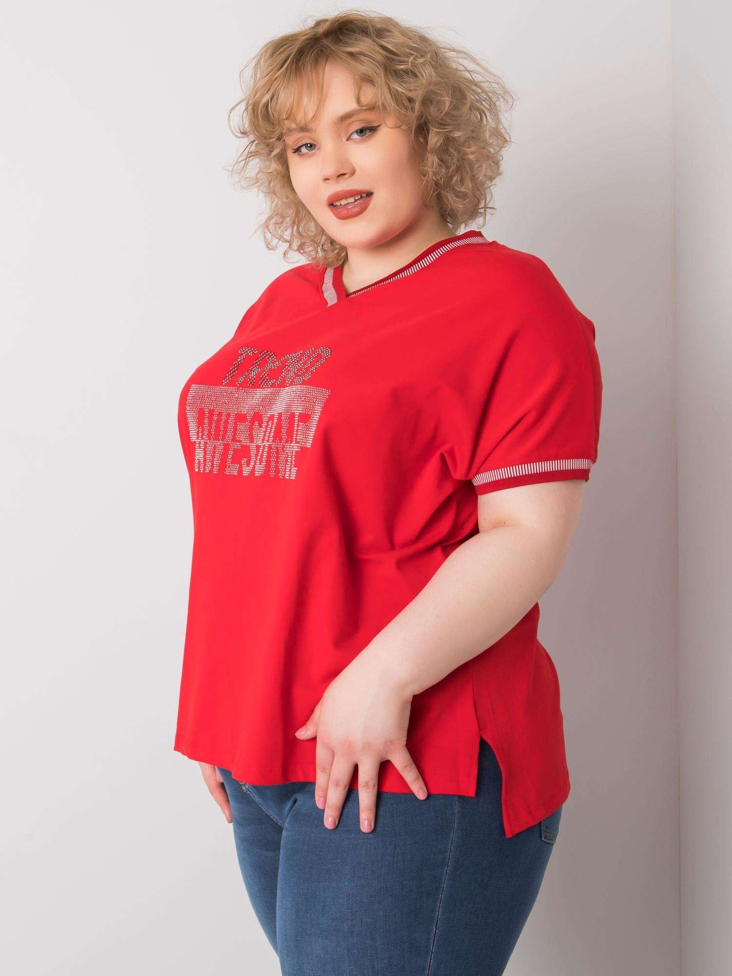 Czerwona damska bluzka plus size z aplikacją