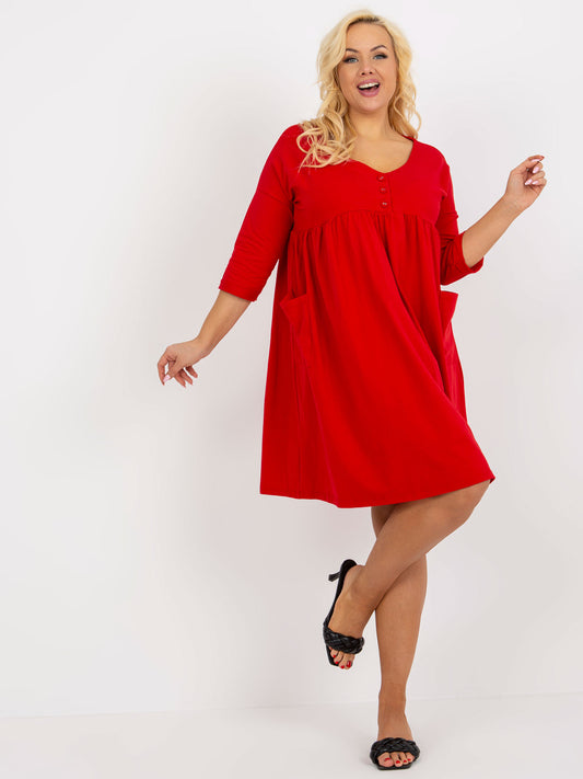 Czerwona dresowa sukienka plus size basic z kieszeniami