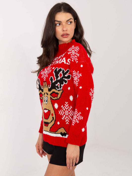 Czerwony świąteczny sweter z napisem Merry Christmas