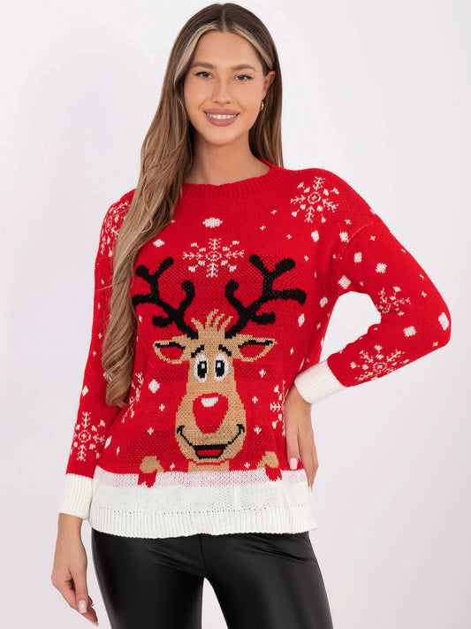 Czerwony świąteczny sweter w śnieżynki