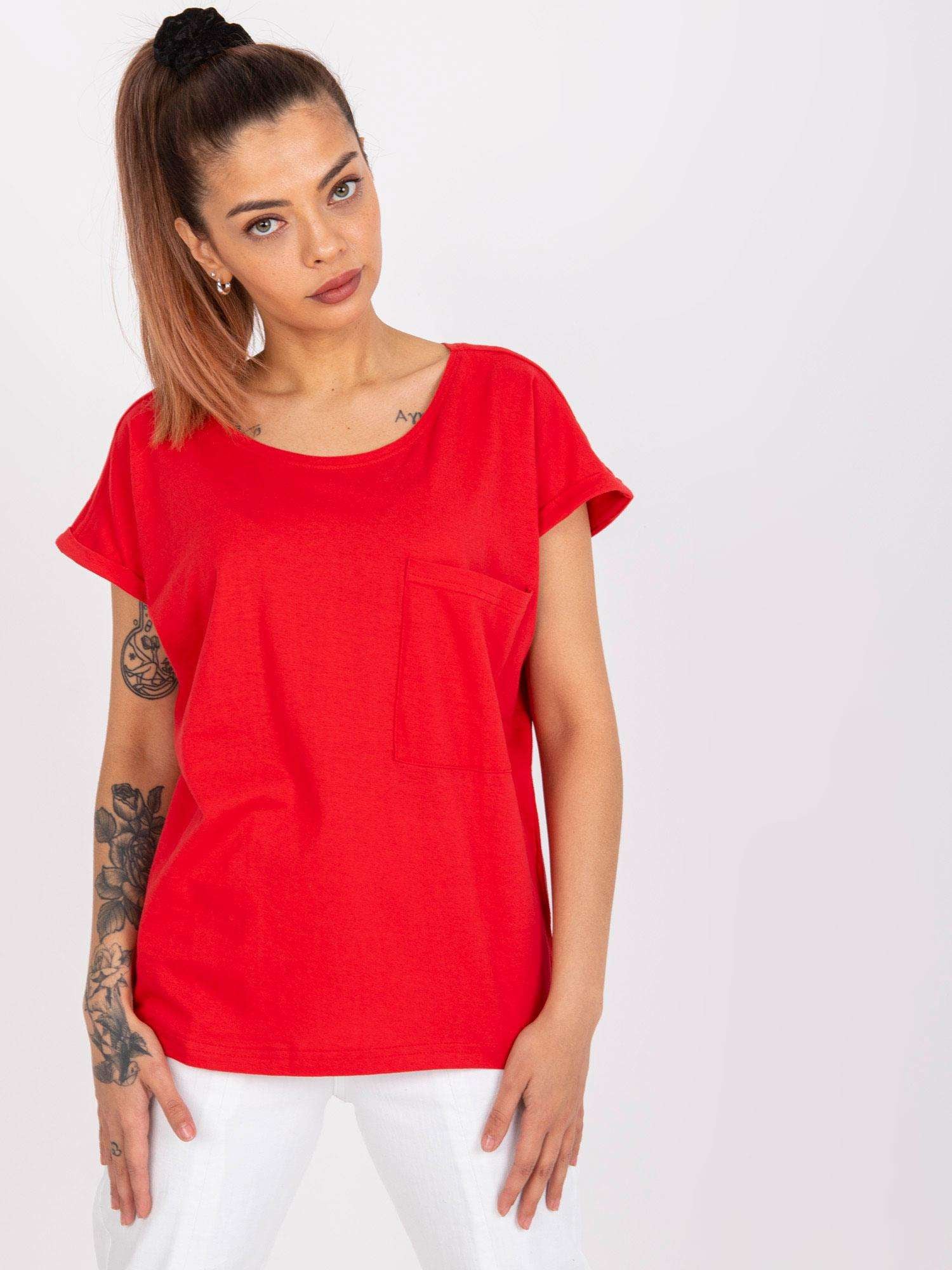 MAYFLIES Czerwony bawełniany t-shirt damski z kieszenią