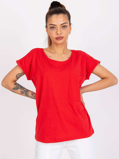 MAYFLIES Czerwony bawełniany t-shirt damski z kieszenią