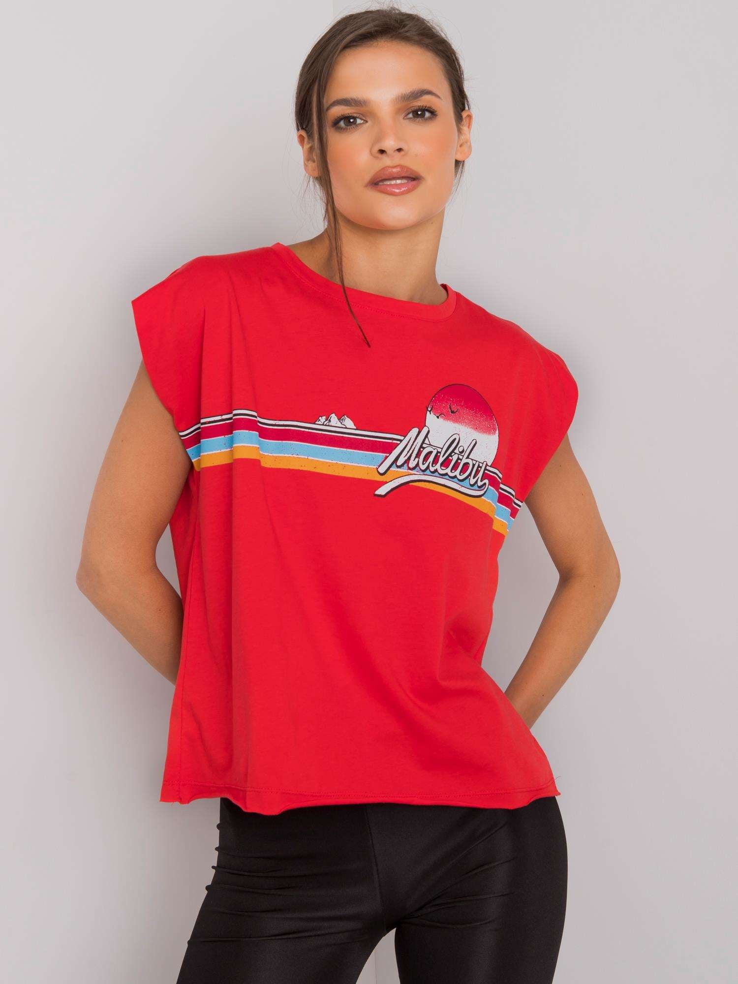 Czerwony bawełniany t-shirt damski z nadrukiem