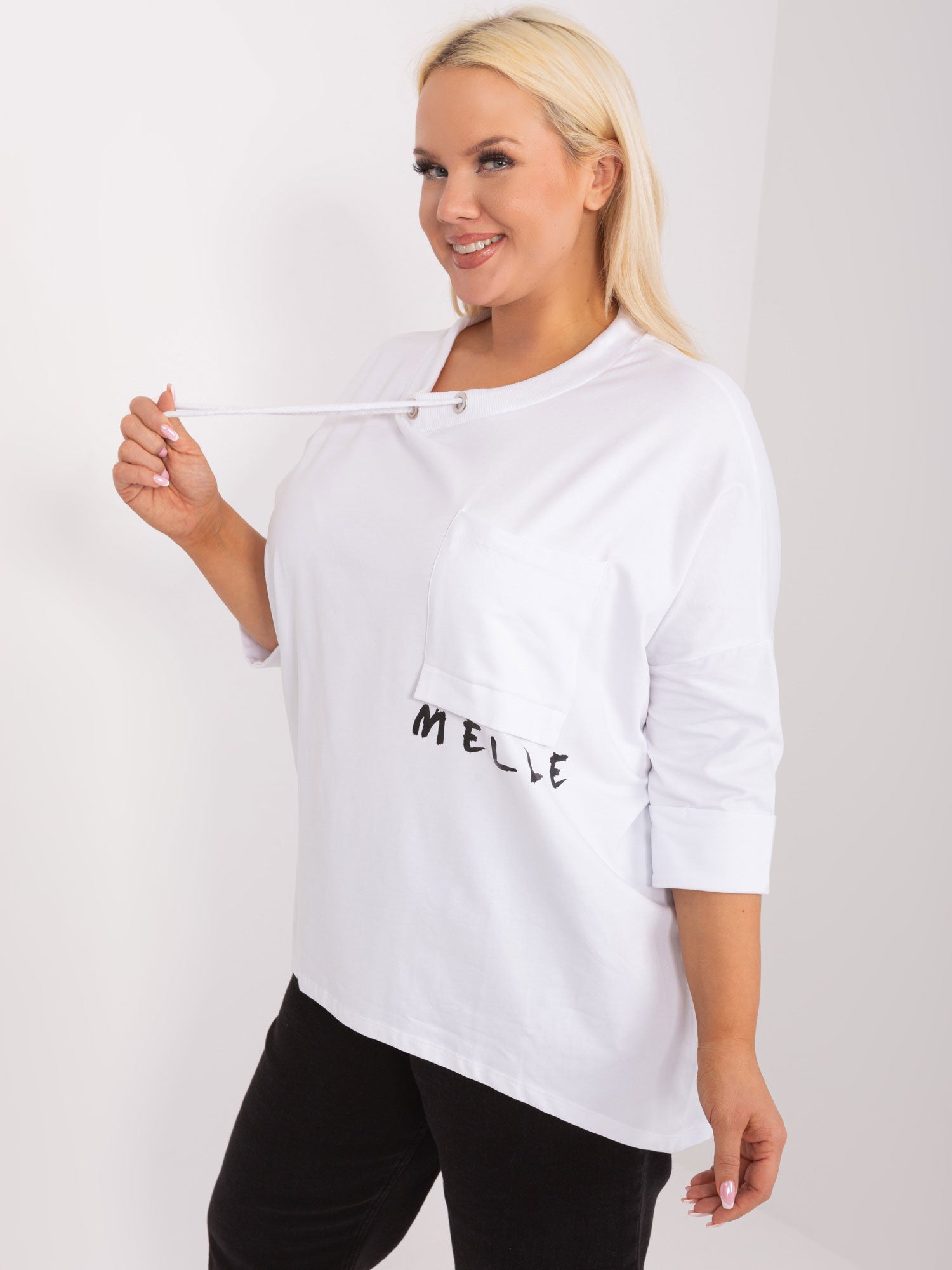 Ecru bawełniana bluzka plus size z rękawem 3/4
