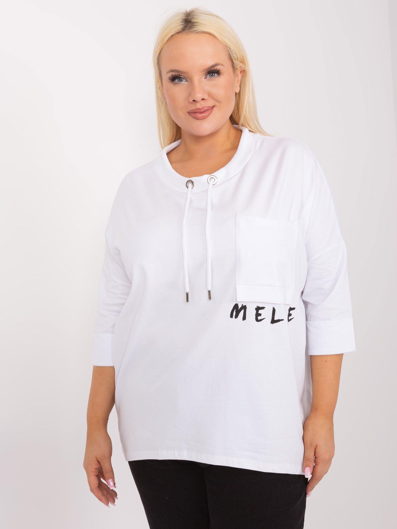 Ecru bawełniana bluzka plus size z rękawem 3/4