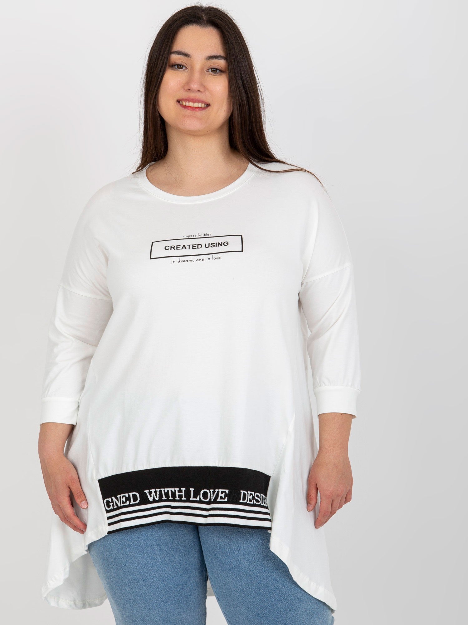 Ecru dresowa tunika plus size z rękawem 3/4