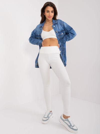 Ecru prążkowane legginsy basic z bawełny