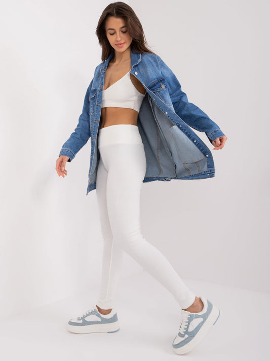 Ecru prążkowane legginsy basic z bawełny