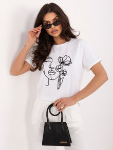 Ecru damski t-shirt z motywem twarzy