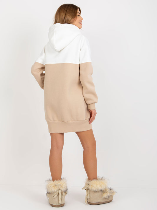 Ecru-beżowa dresowa długa bluza basic z kapturem