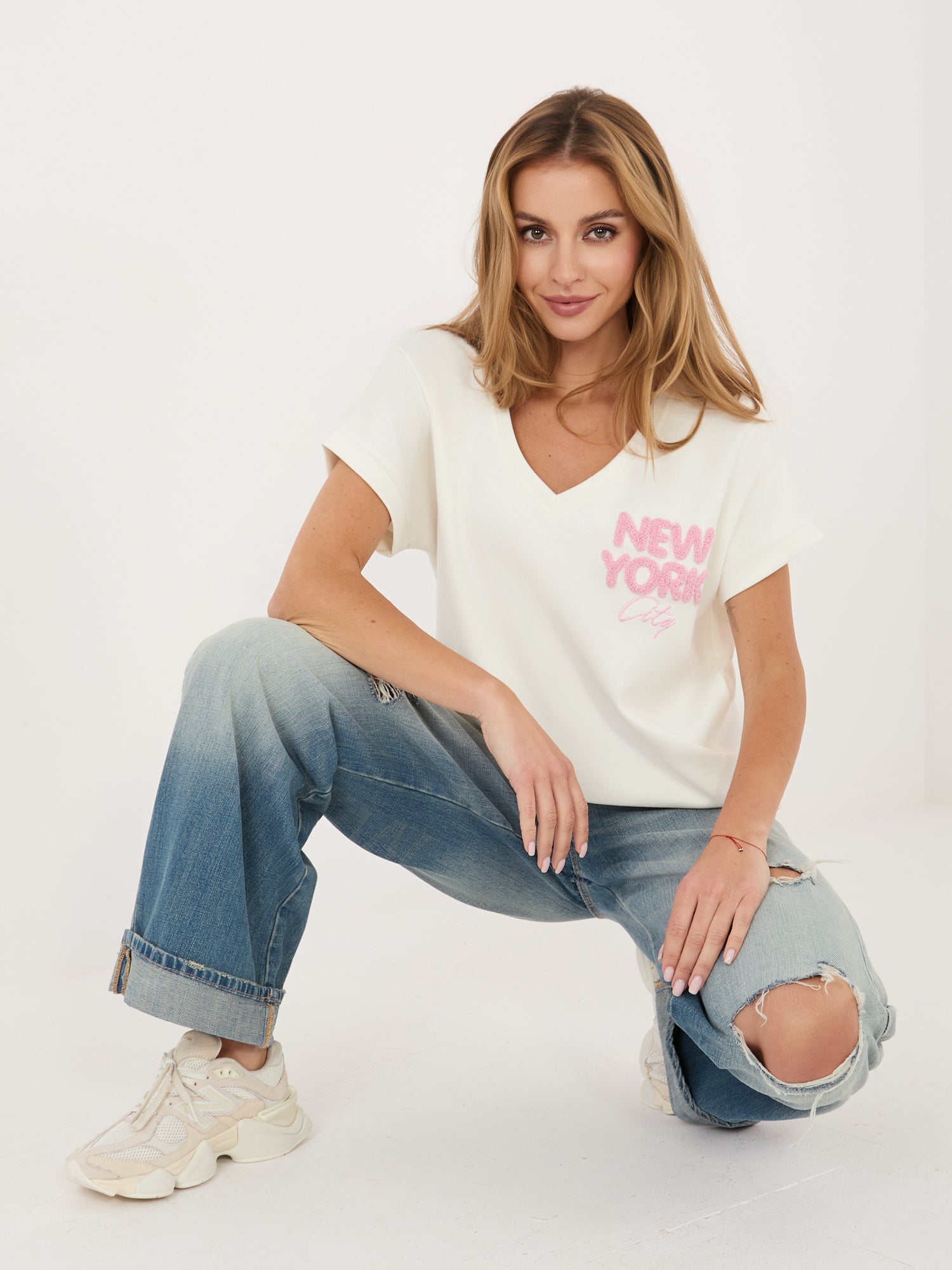 Ecru casualowa bluzka oversize z dekoltem V