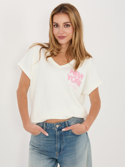 Ecru casualowa bluzka oversize z dekoltem V